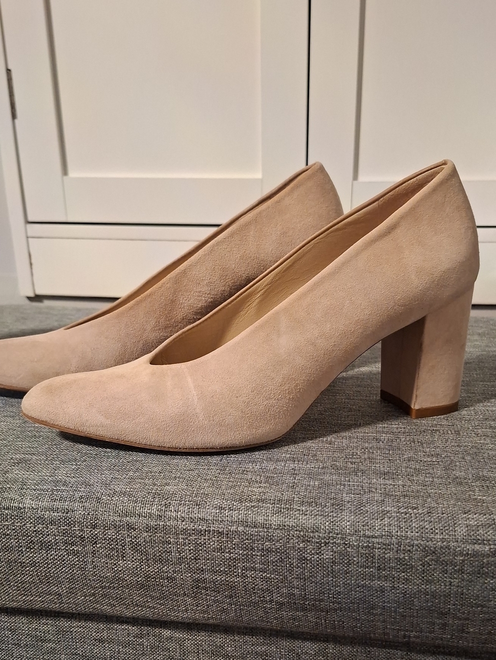 Stuart Weitzman Beige Suede Block Heel Pumps